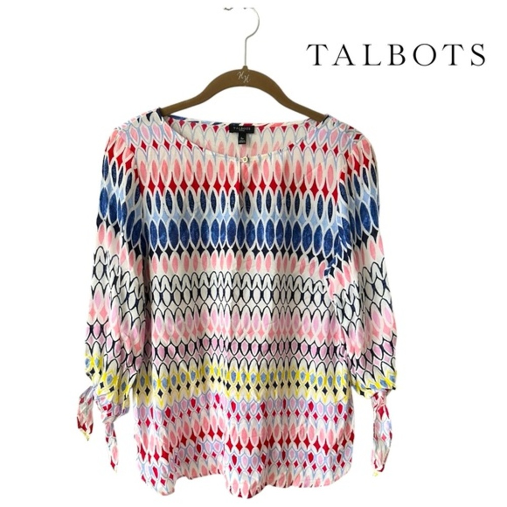 Talbots Women's Vibrant Multicolor Patterned Striped Tie Sleeve Blouse T…